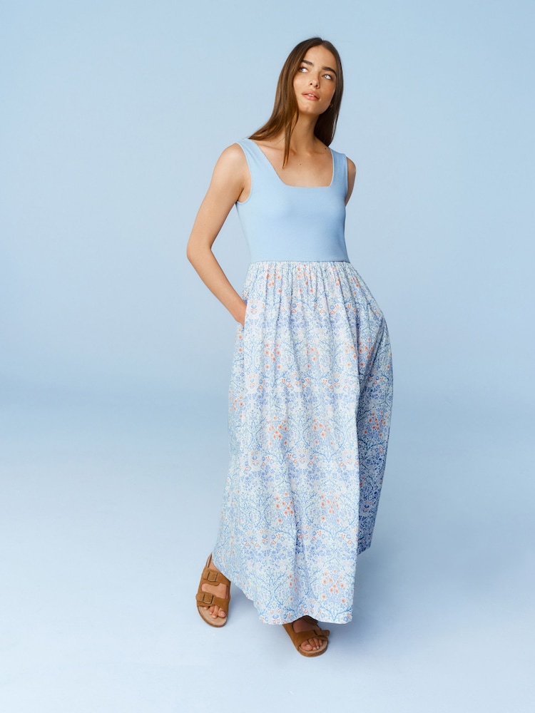 Morris & Co Blue/White 100% Cotton Square Neck Maxi Summer Jersey Dress - Image 1 of 6