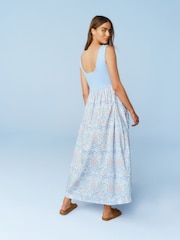Morris & Co Blue/White 100% Cotton Square Neck Maxi Summer Jersey Dress - Image 3 of 6