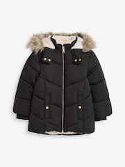 Black Shower Resistant Faux Fur Trim Padded Coat (3-16yrs) - Image 3 of 10
