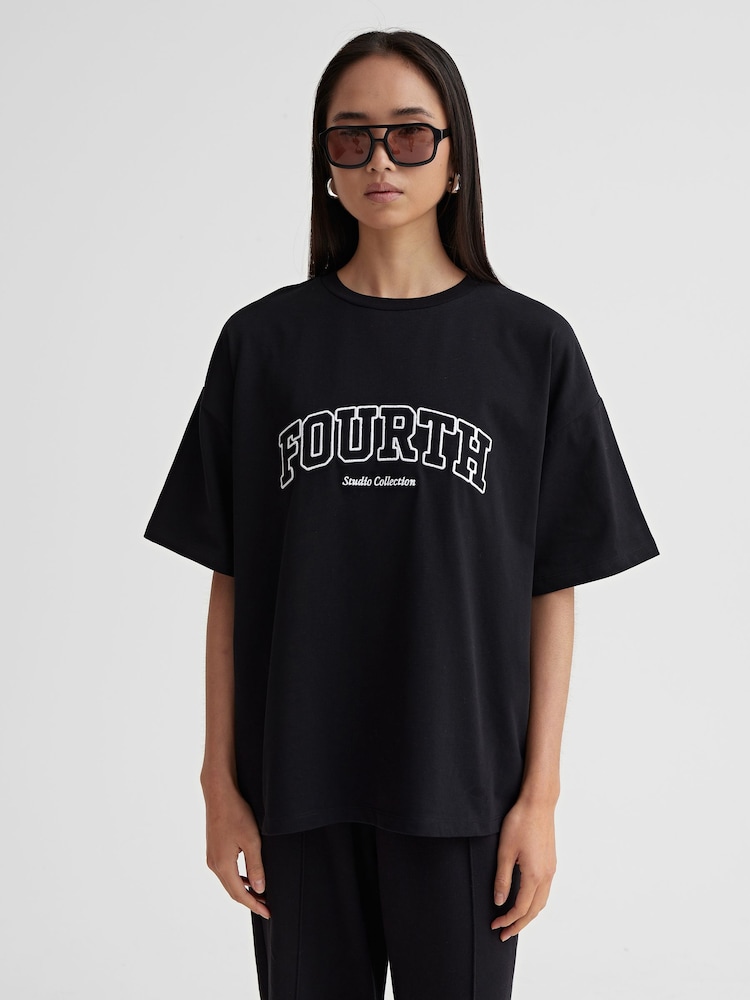 4th & Reckless Black Oversized Alice Fourth Applique 100% Cotton T-Shirt - Image 1 of 4