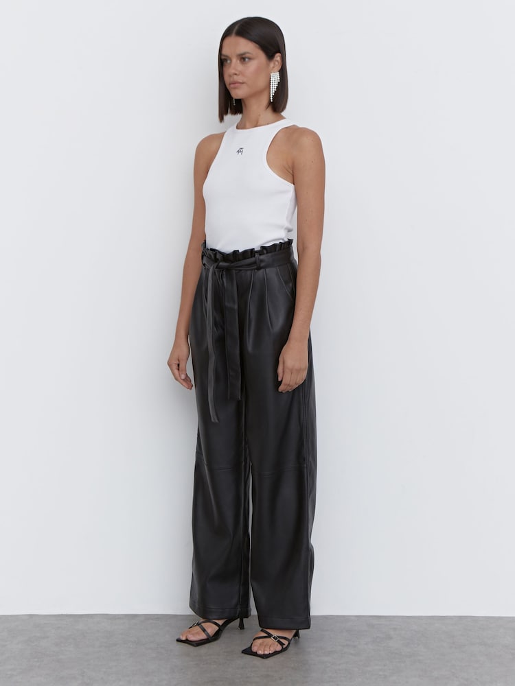 4th & Reckless Black Marlow Faux Leather Paperbag Tie Waist Trousers - Image 1 of 4 4th & Reckless Black Marlow Faux Leather Paperbag Tie Waist Trousers - Image 1 of 4
