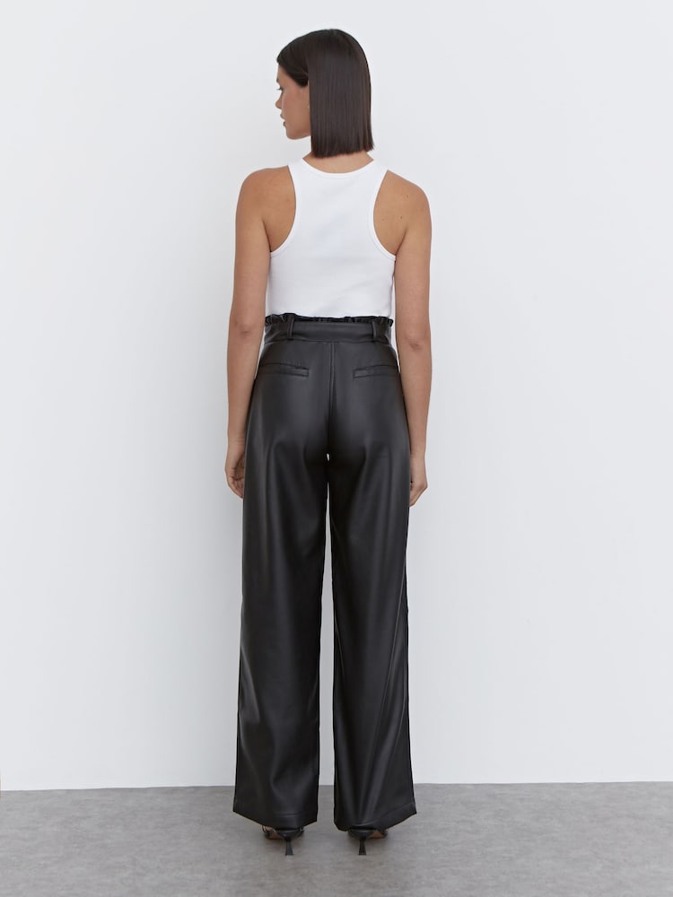 4th & Reckless Black Marlow Faux Leather Paperbag Tie Waist Trousers - Image 2 of 4 4th & Reckless Black Marlow Faux Leather Paperbag Tie Waist Trousers - Image 2 of 4