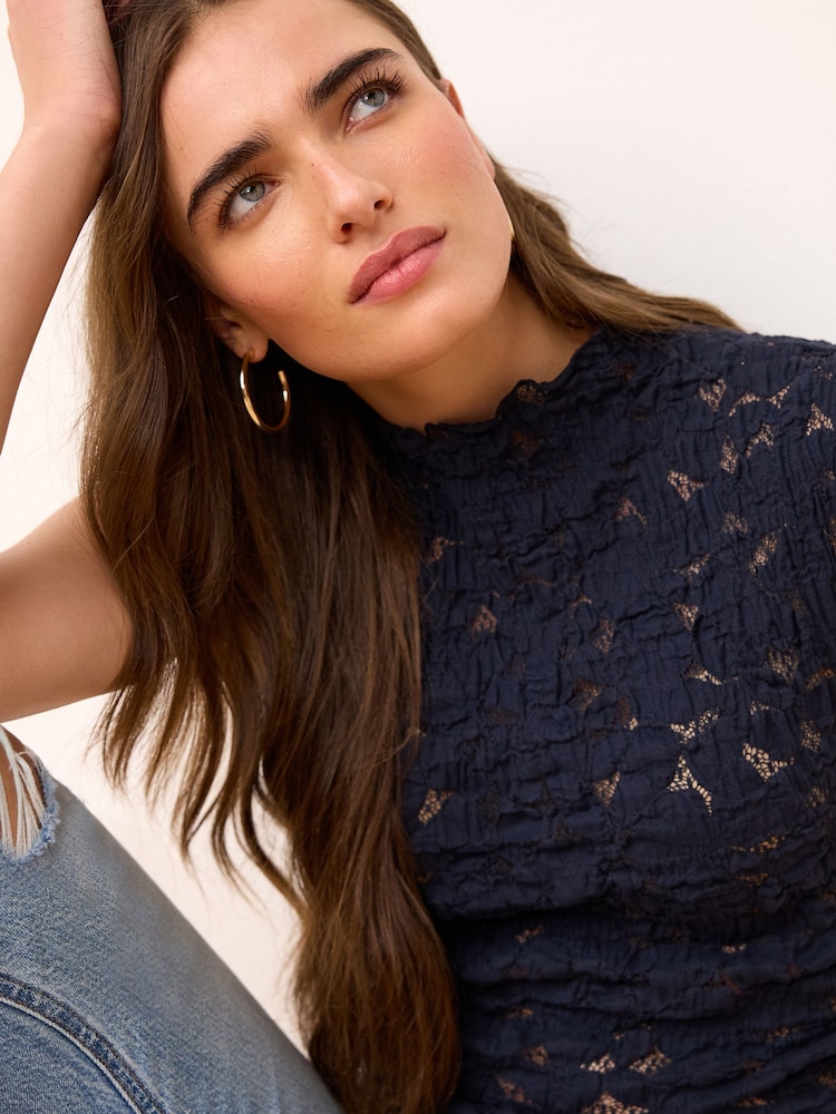 Navy Short Sleeve Lace Top - Image 2 of 7