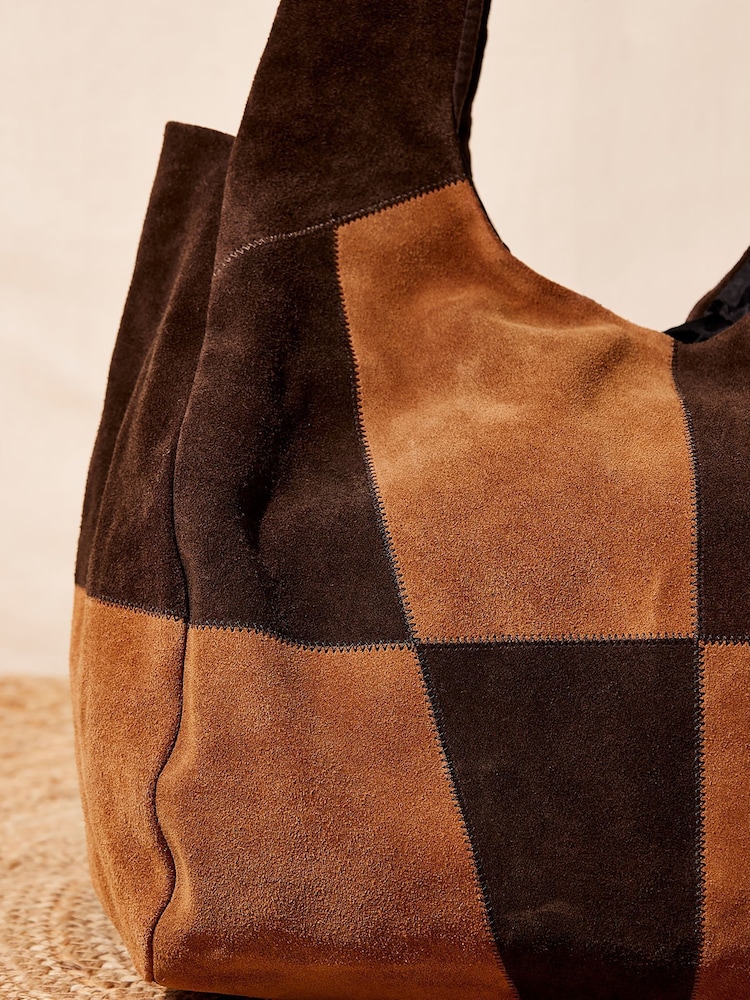 Apricot Brown Suede Patchwork Hobo Bag - Image 4 of 4
