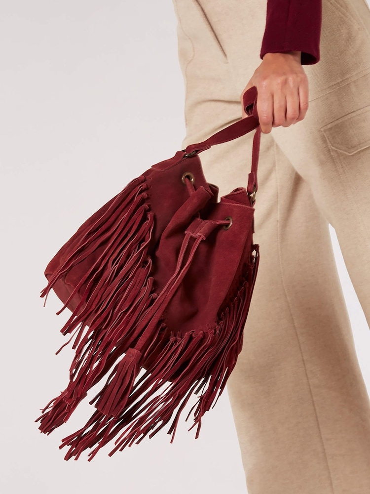 Apricot Red Fringed Suede Bucket Bag - Image 1 of 4