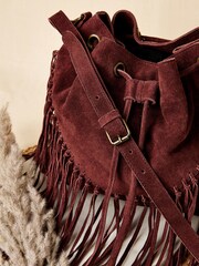 Apricot Red Fringed Suede Bucket Bag - Image 3 of 4