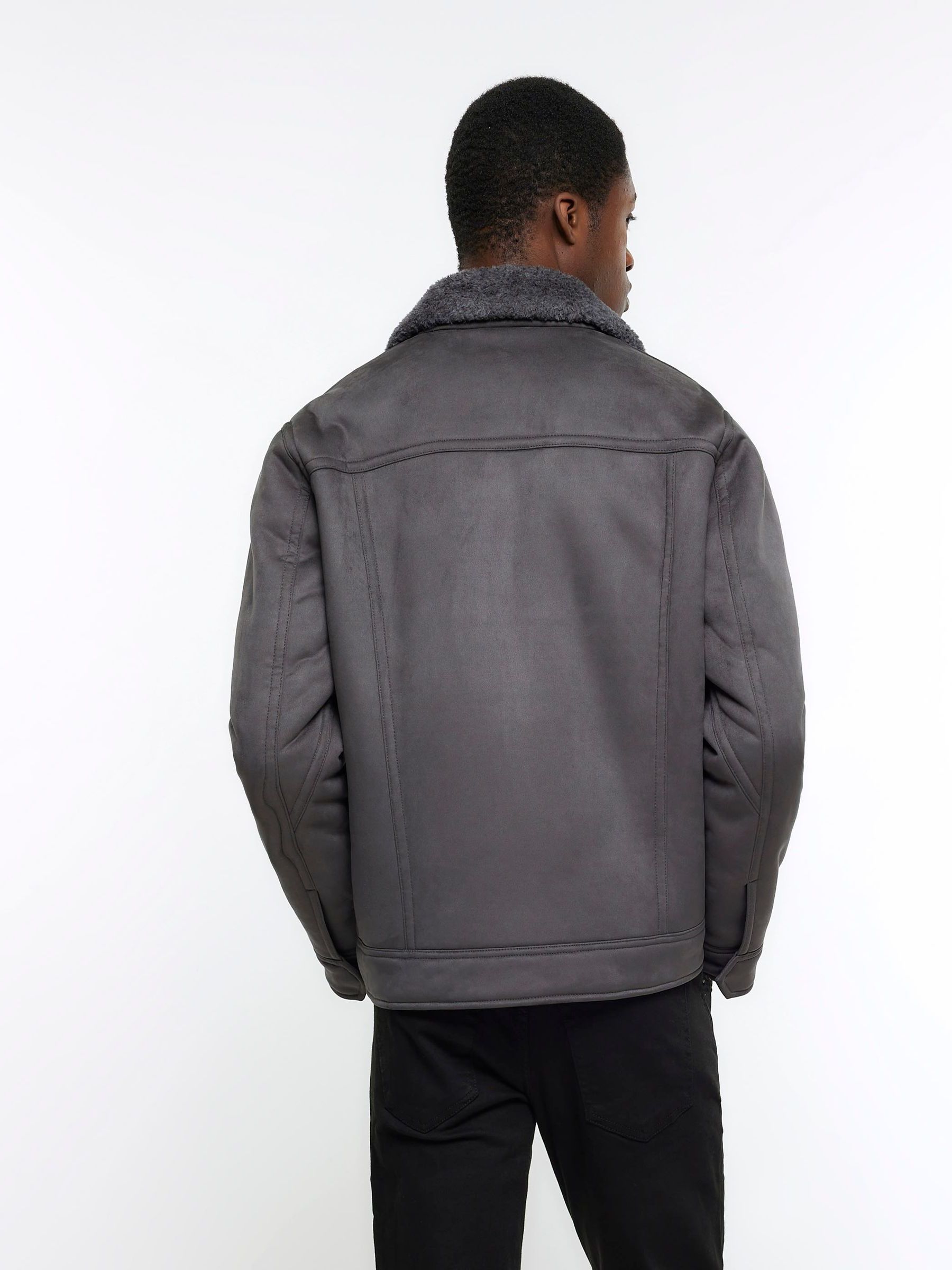 Buy River Island Grey Regular Fit Shearling Western Jacket