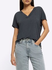 River Island Grey V-Neck T-Shirt - Image 1 of 4
