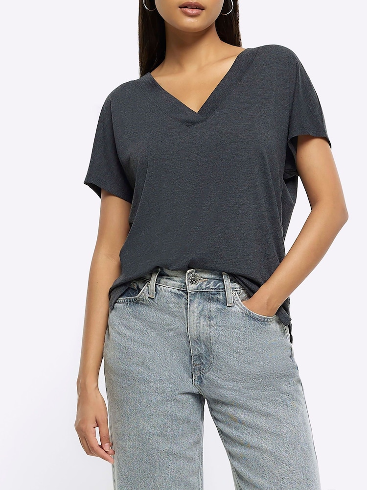 River Island Grey V-Neck T-Shirt - Image 1 of 4