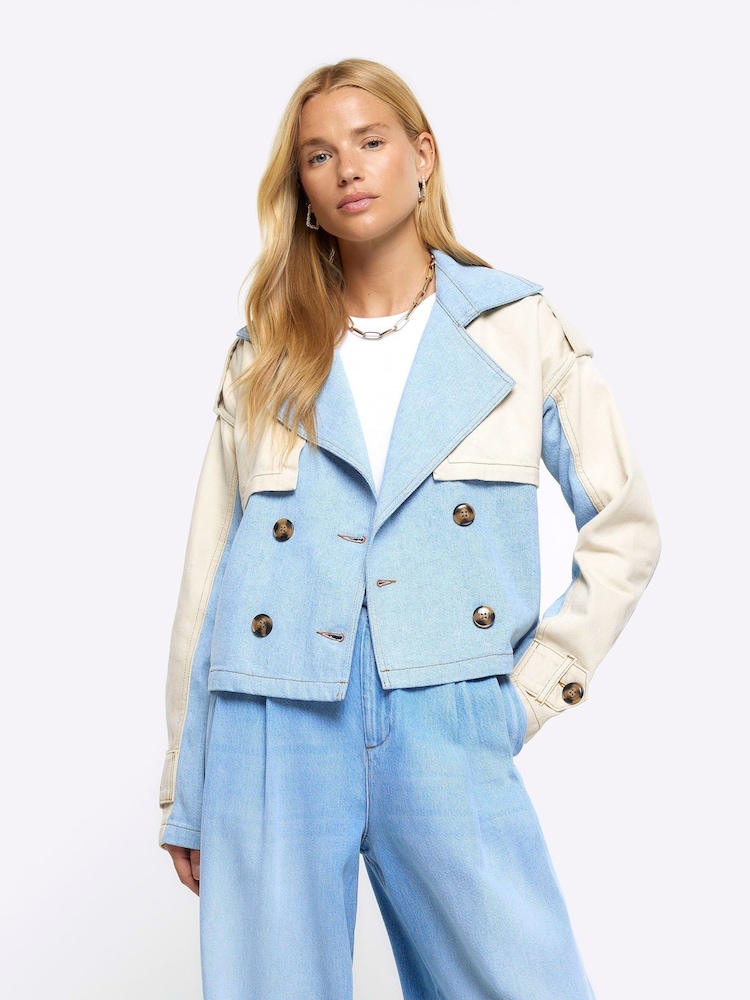 River Island Blue Hybrid Denim Crop Trench Jacket - Image 1 of 4