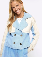 River Island Blue Hybrid Denim Crop Trench Jacket - Image 4 of 4