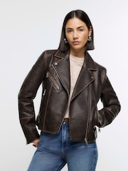 River Island Brown Faux Leather Distressed Biker Jacket - Image 1 of 6