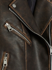River Island Brown Faux Leather Distressed Biker Jacket - Image 10 of 10