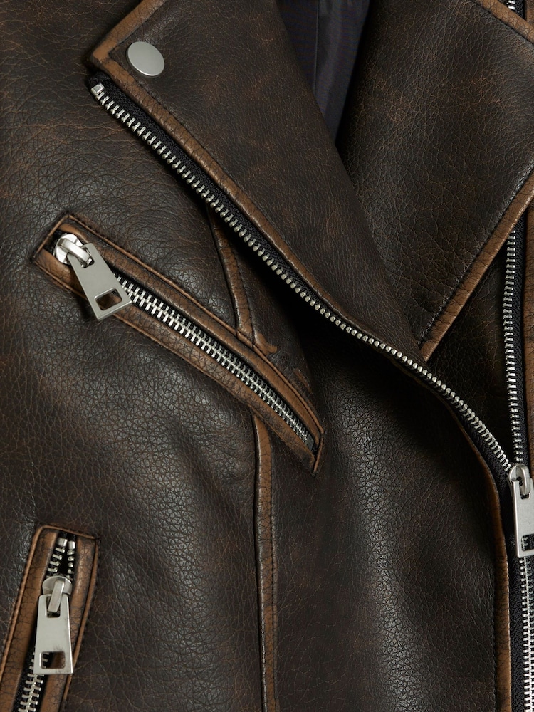 River Island Brown Faux Leather Distressed Biker Jacket - Image 10 of 10