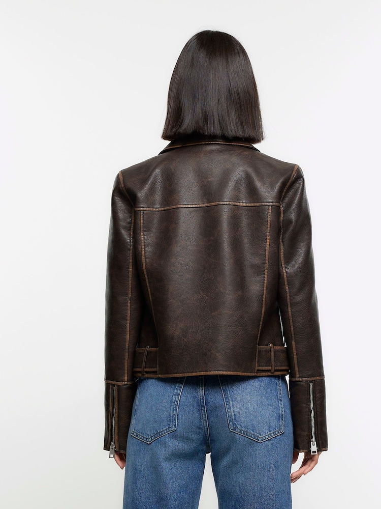 River Island Brown Faux Leather Distressed Biker Jacket - Image 2 of 6