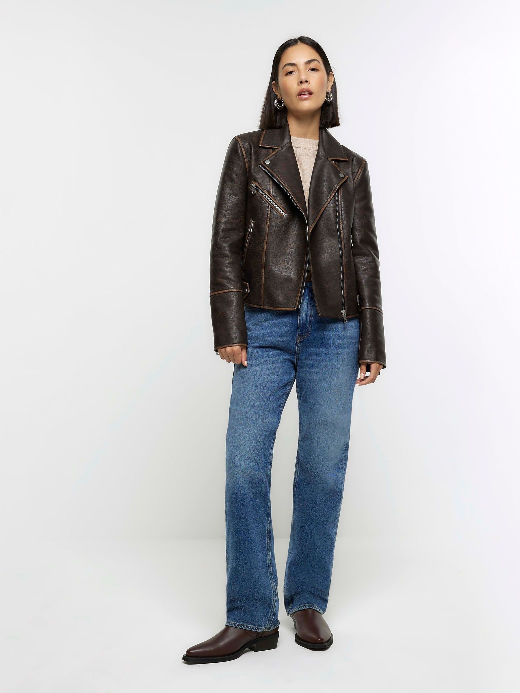 River island tan leather jacket sale
