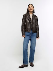 River Island Brown Faux Leather Distressed Biker Jacket - Image 3 of 6