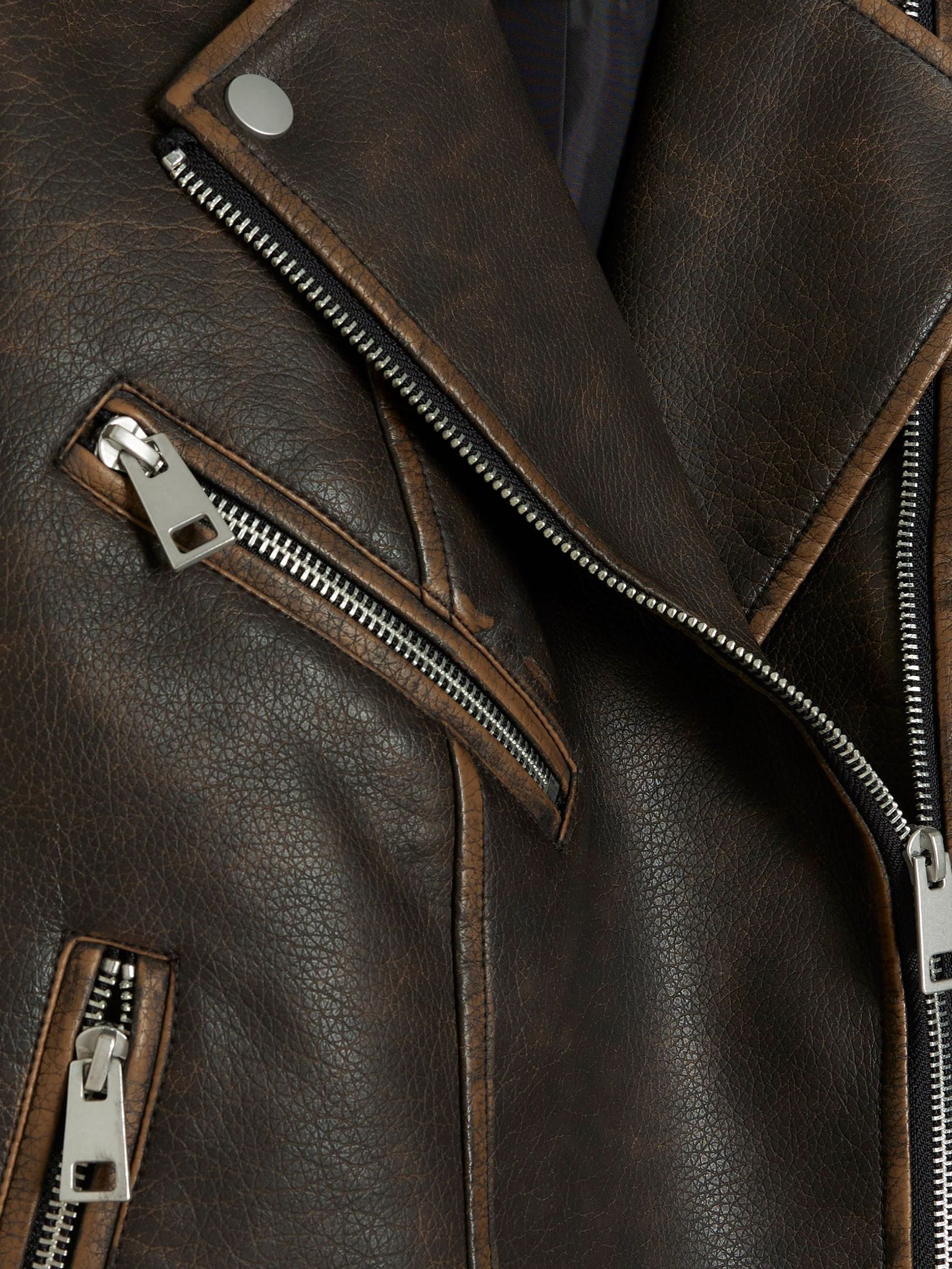 Buy River Island Brown Faux Leather Distressed Biker Jacket from
