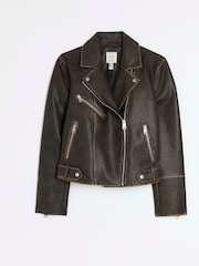 River Island Brown Faux Leather Distressed Biker Jacket - Image 5 of 6