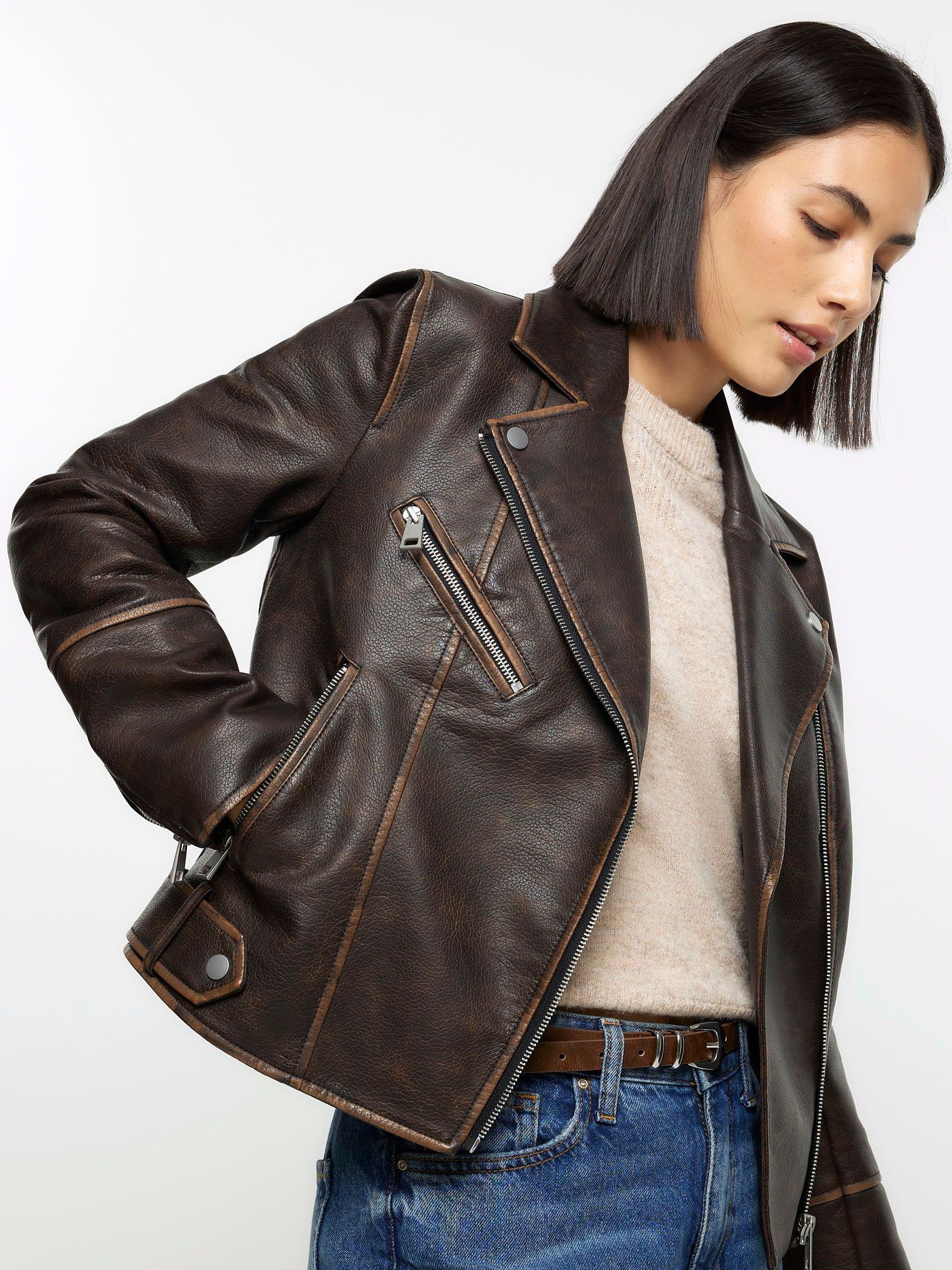 Buy River Island Brown Faux Leather Distressed Biker Jacket from