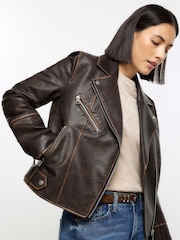River Island Brown Faux Leather Distressed Biker Jacket - Image 9 of 10