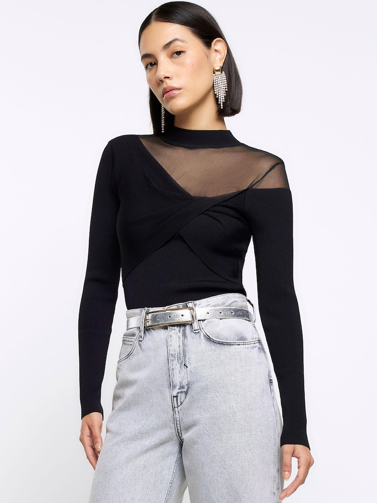 River Island Black Sheer Blocked Top - Image 1 of 1