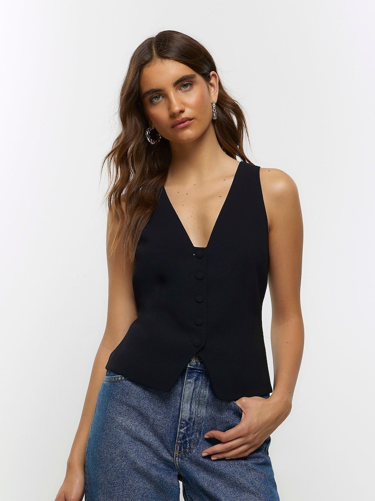 River Island Black Button Front Tailored Waistcoat - Image 1 of 4