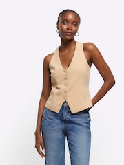 River Island Beige Button Front Tailored Waistcoat - Image 1 of 4
