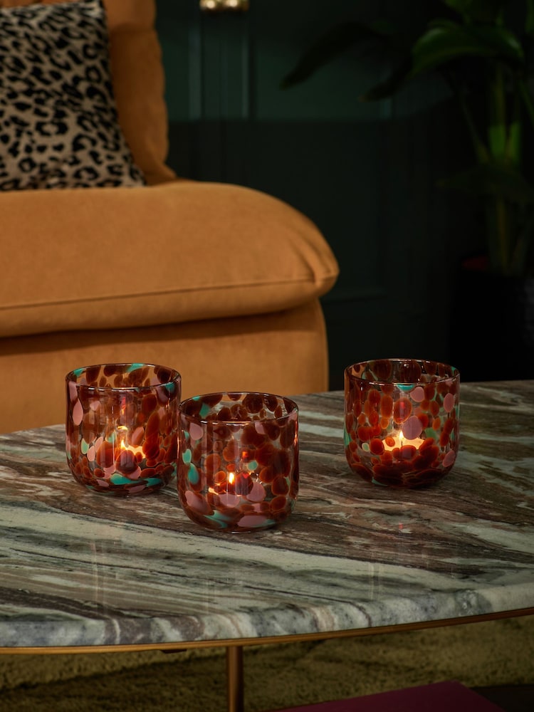 Set of 3 Brown Glass Confetti Tea Light Candle Holders - Image 2 of 4