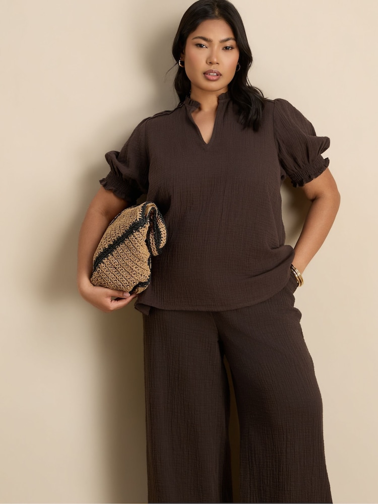 Live Unlimited Chocolate Cheesecloth Shirred Cuff Top - Image 1 of 5 Live Unlimited Chocolate Cheesecloth Shirred Cuff Top - Image 1 of 5