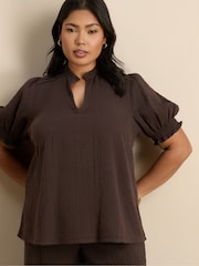 Live Unlimited Chocolate Cheesecloth Shirred Cuff Top - Image 2 of 5