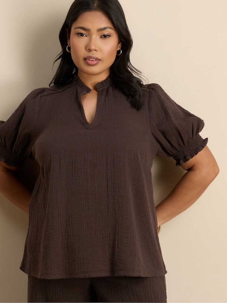 Live Unlimited Chocolate Cheesecloth Shirred Cuff Top - Image 2 of 5 Live Unlimited Chocolate Cheesecloth Shirred Cuff Top - Image 2 of 5