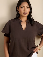 Live Unlimited Chocolate Cheesecloth Shirred Cuff Top - Image 3 of 5