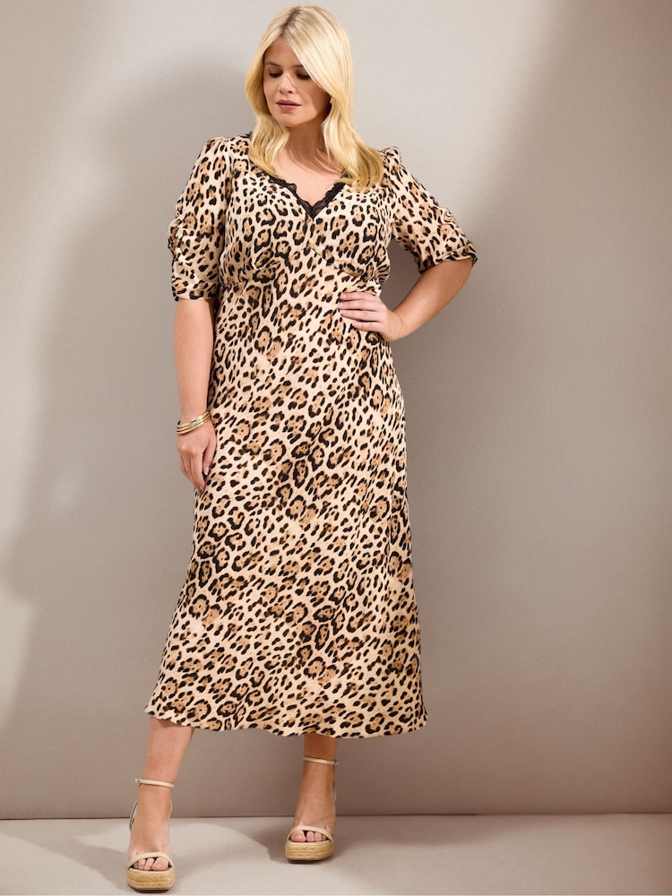 Live Unlimited Animal Print V-Neck Lace Trim Short Sleeve Dress - Image 1 of 1 Live Unlimited Animal Print V-Neck Lace Trim Short Sleeve Dress - Image 1 of 1