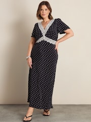 Live Unlimited Black Polka Dot Lace Insert Maxi Dress - Image 1 of 5