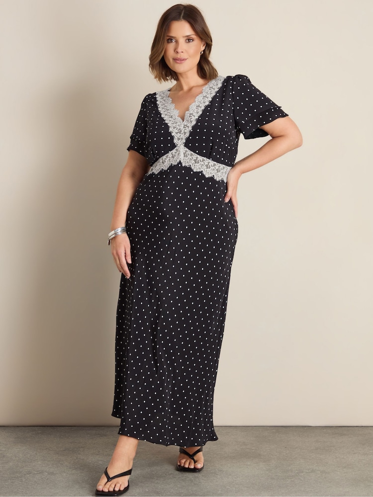 Live Unlimited Black Polka Dot Lace Insert Maxi Dress - Image 1 of 5