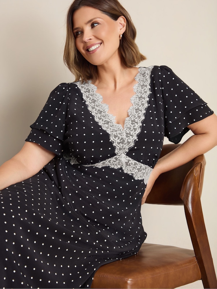 Live Unlimited Black Polka Dot Lace Insert Maxi Dress - Image 2 of 5