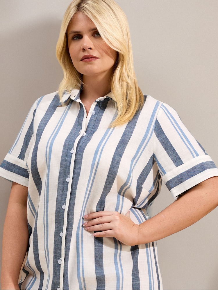 Live Unlimited Blue Stripe Short Sleeve Linen Shirt Dress - Image 2 of 4