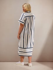 Live Unlimited Blue Stripe Short Sleeve Linen Shirt Dress - Image 3 of 4