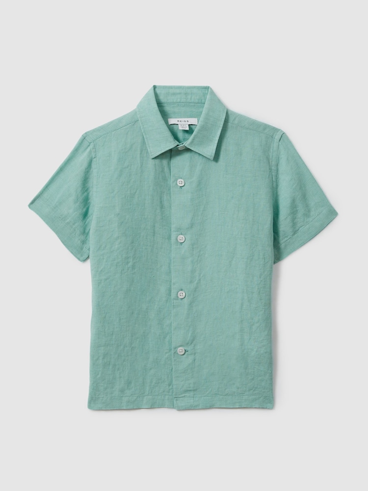 Reiss Bermuda Green Holiday Junior Short Sleeve Linen Shirt - Image 1 of 3