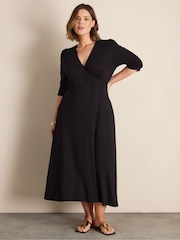 Live Unlimited Black Jersey Ruched Sleeve Wrap Dress - Image 3 of 5