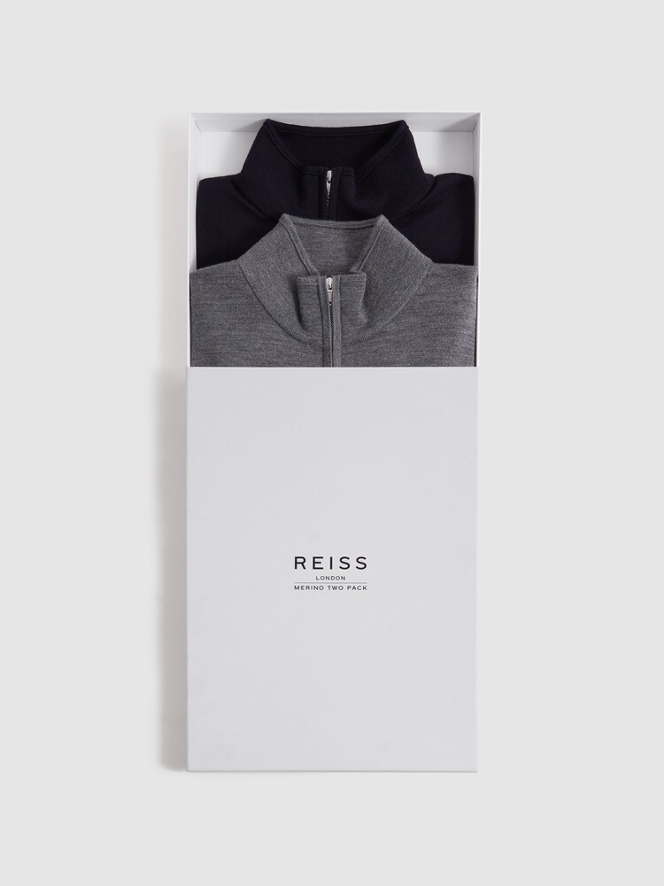 Reiss Navy/Derby Grey Marl Blackhall 2 Pack 2 Pack Of Merino Wool Zip-Neck Jumpers - Image 1 of 7