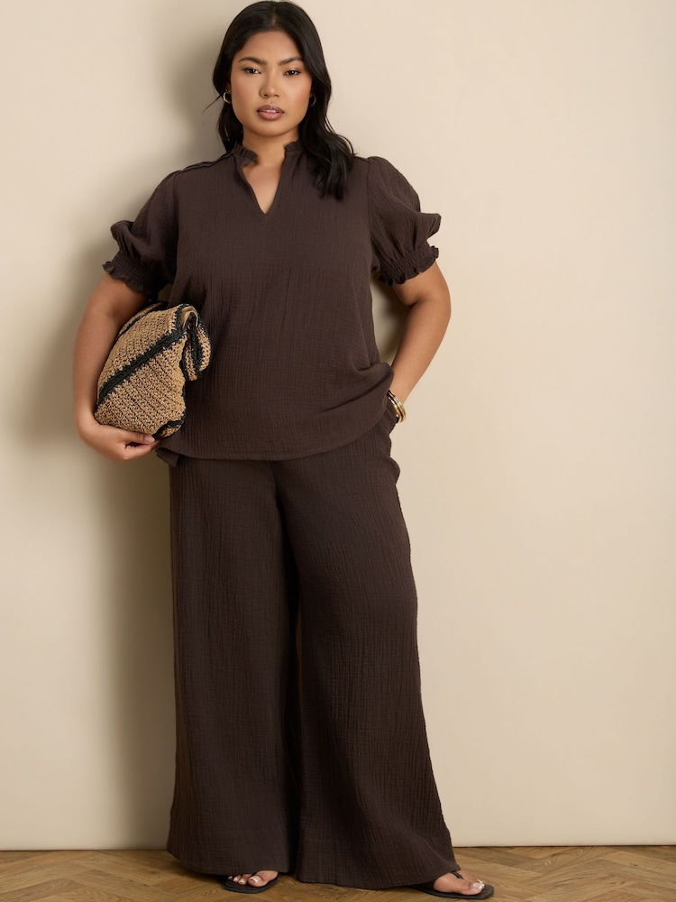 Live Unlimited Chocolate Cheesecloth Wide Leg Trousers - Image 1 of 4 Live Unlimited Chocolate Cheesecloth Wide Leg Trousers - Image 1 of 4