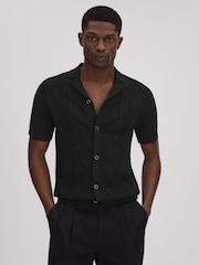 Reiss Black Fortune Cable Knit Cuban Collar Shirt - Image 1 of 6