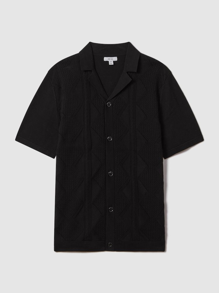 Reiss Black Fortune Cable Knit Cuban Collar Shirt - Image 2 of 6