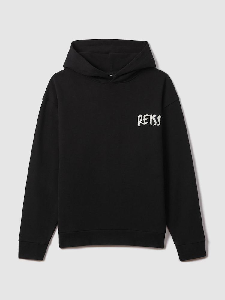 Reiss Black/White Newton Cotton Relaxed Motif Hoodie - Image 2 of 7