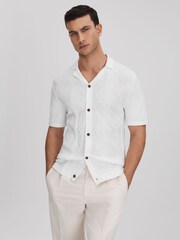 Reiss White Fortune Cable Knit Cuban Collar Shirt - Image 1 of 6