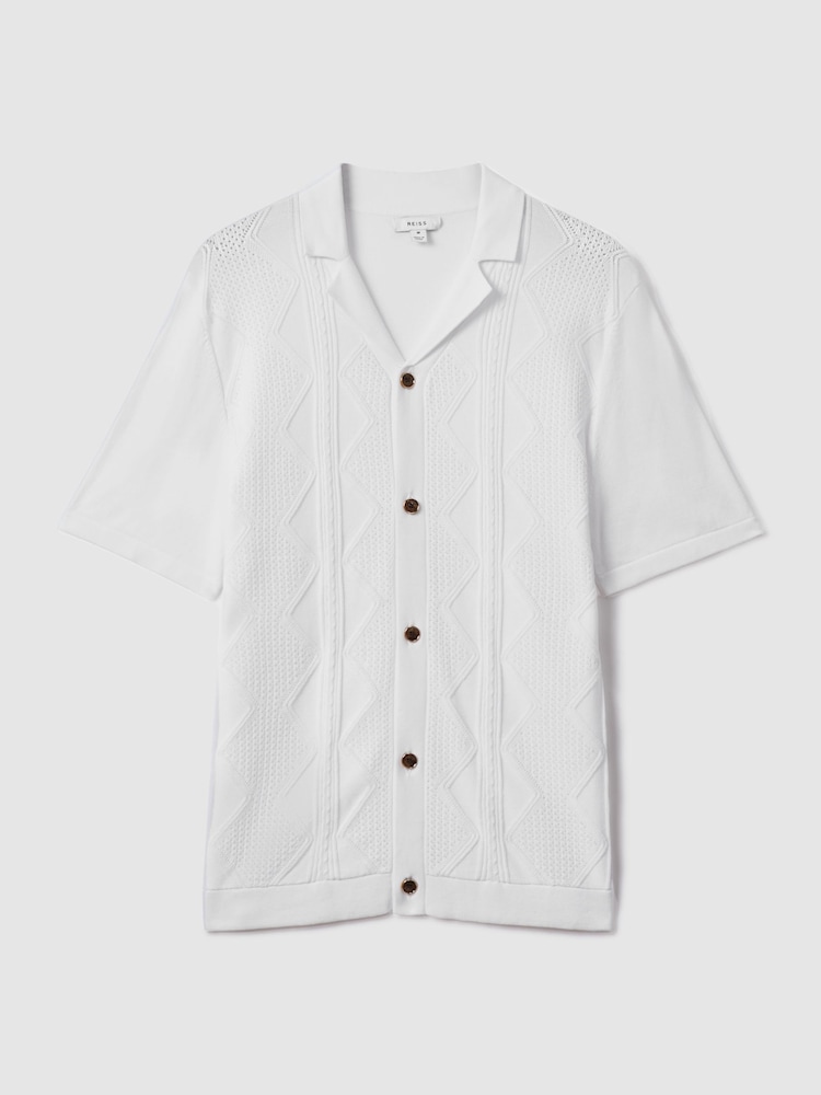 Reiss White Fortune Cable Knit Cuban Collar Shirt - Image 2 of 6