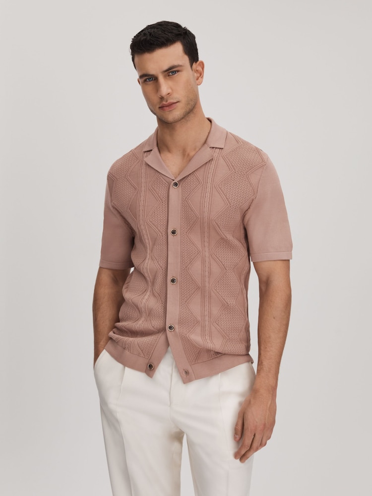 Reiss Rose Fortune Cable Knit Cuban Collar Shirt - Image 2 of 6