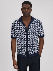 Reiss Navy Frenchie Crochet Cuban Collar Shirt - Image 1 of 7